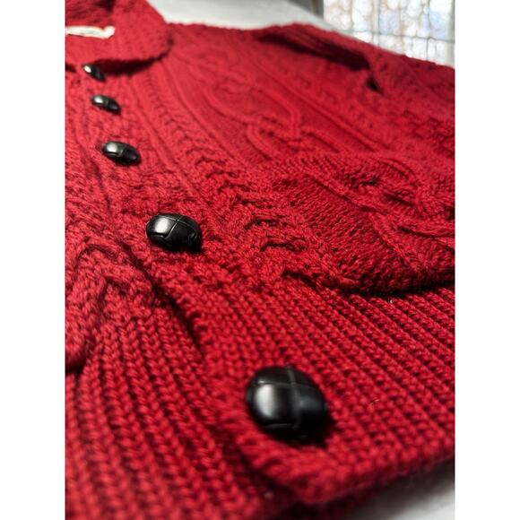 Aran Crafts Ireland Wool Cardigan Collar Cable Fisherman Knit Sweater Red Men L - Picture 3 of 12